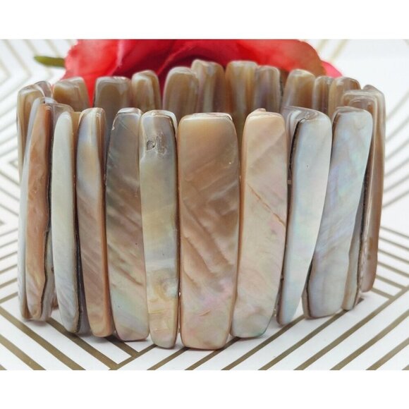 Bohemian White & Brown Neutral Abalone Shell Wide Stretch Bracelet Beach Nature - Picture 1 of 7